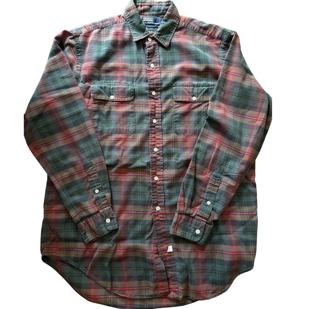Ralph Lauren Polo Mens Long Sleeve Button Up Dress Shirt Plaid Large Camp Preppy